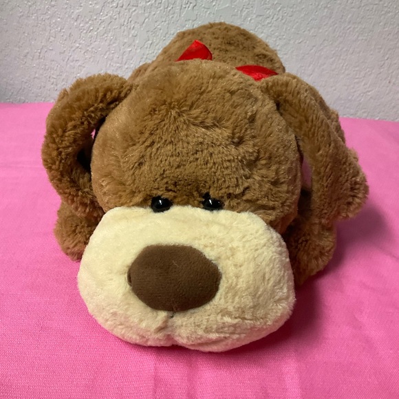 Hug Fun Plush Flopsie Brown Dog with Red Bow Lying Down Dog Stuffies - Picture 4 of 10